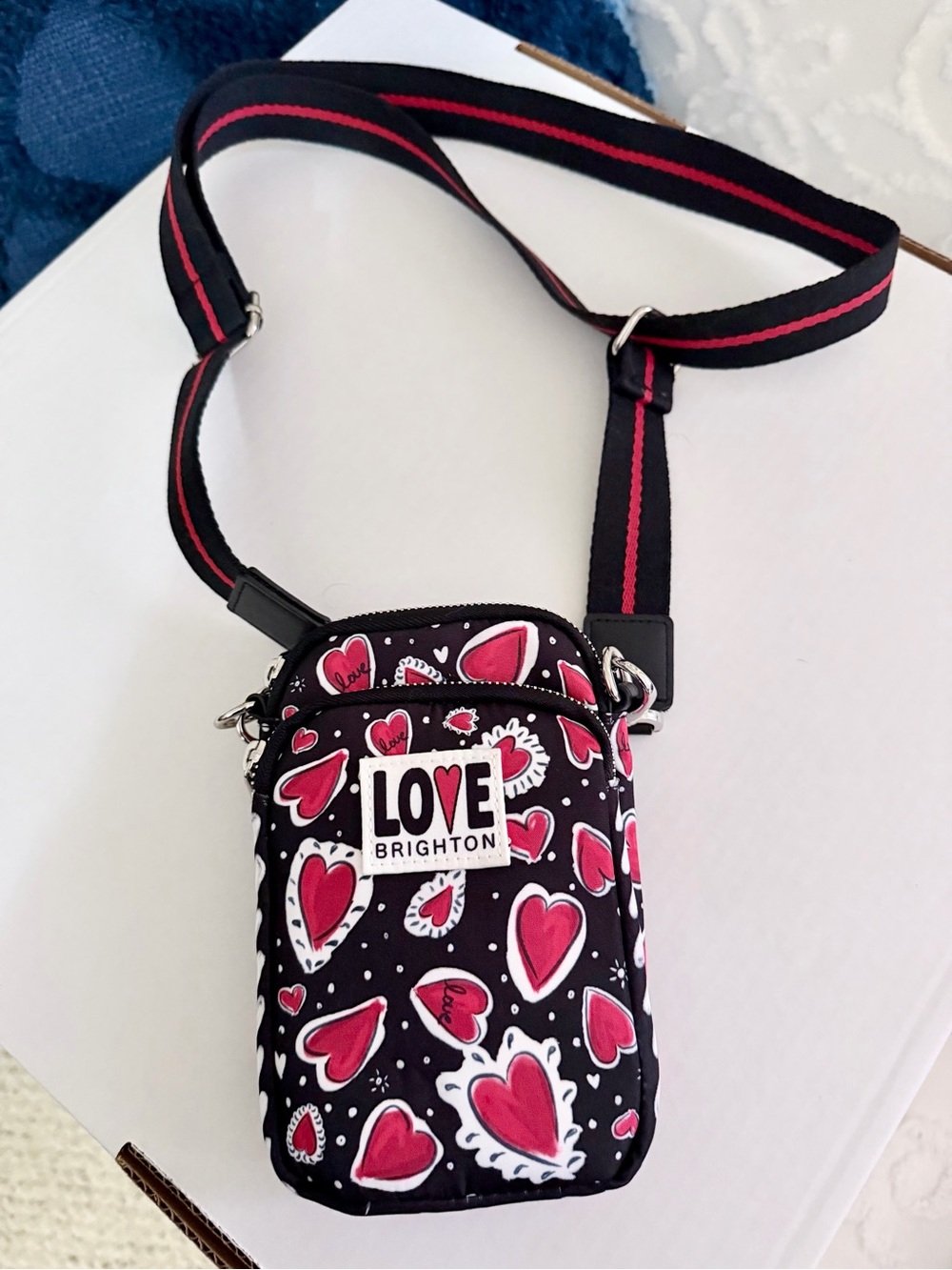 Brighton Black and Pink Heart Crossbody Pouch with Striped Strap